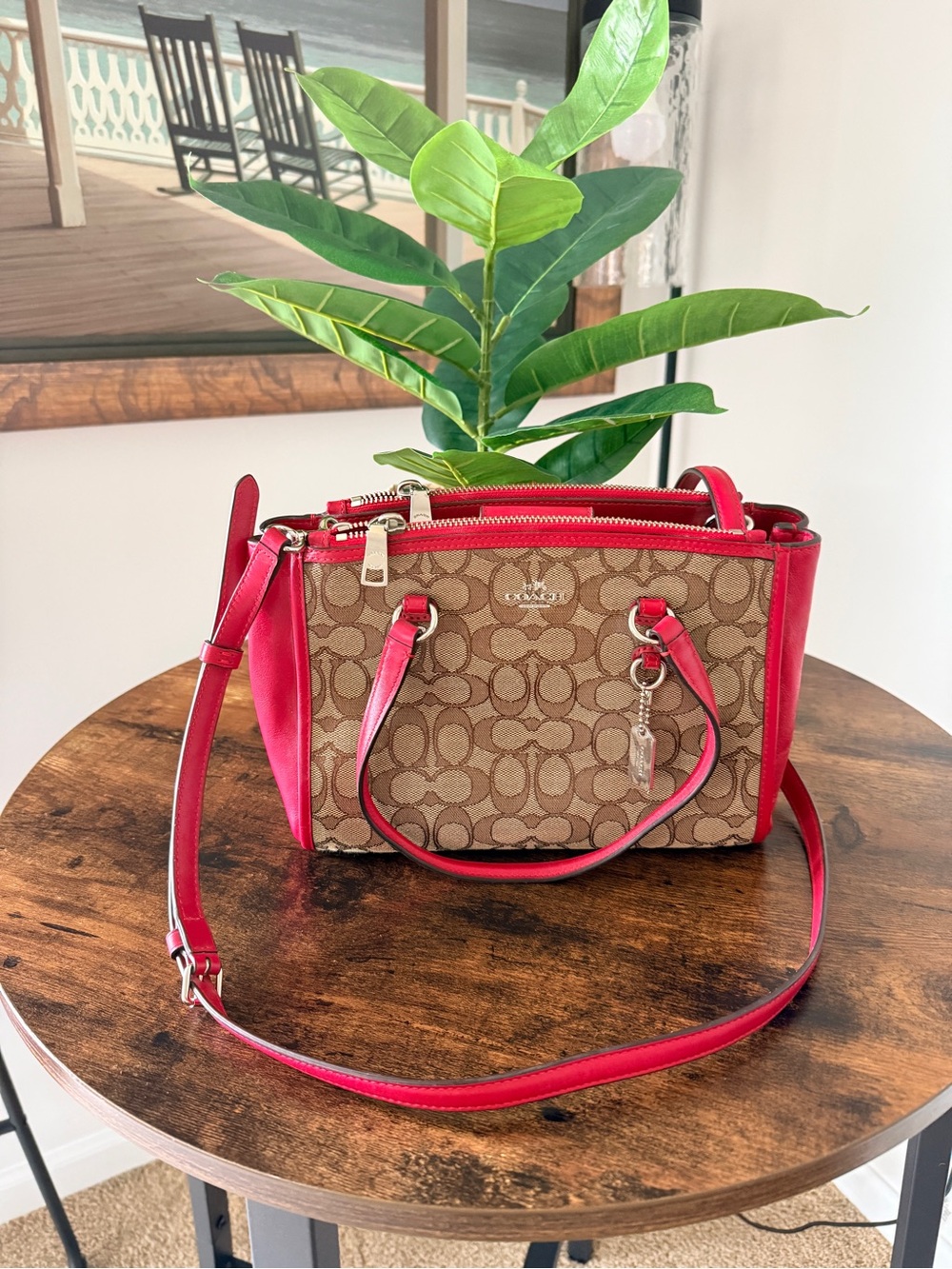 Coach Brown Signature Canvas Crossbody with Red Leather Trim
